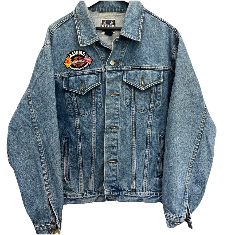 VTG 90s Harley-Davidson Alvins Edinburgh Scotland Patched Denim Jacket Men‎ Sz L